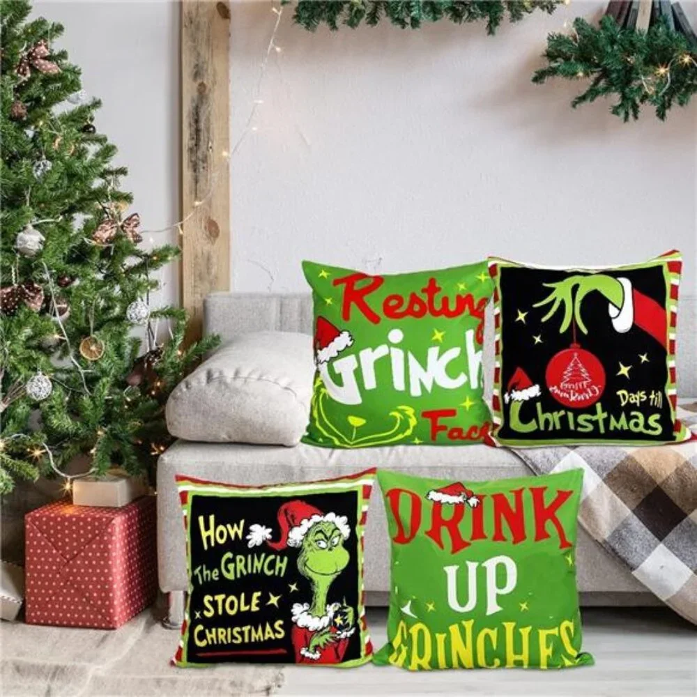 Set of 4 Merry Christmas Throw Pillow Covers, 20x20, Black & Green Holiday Decor